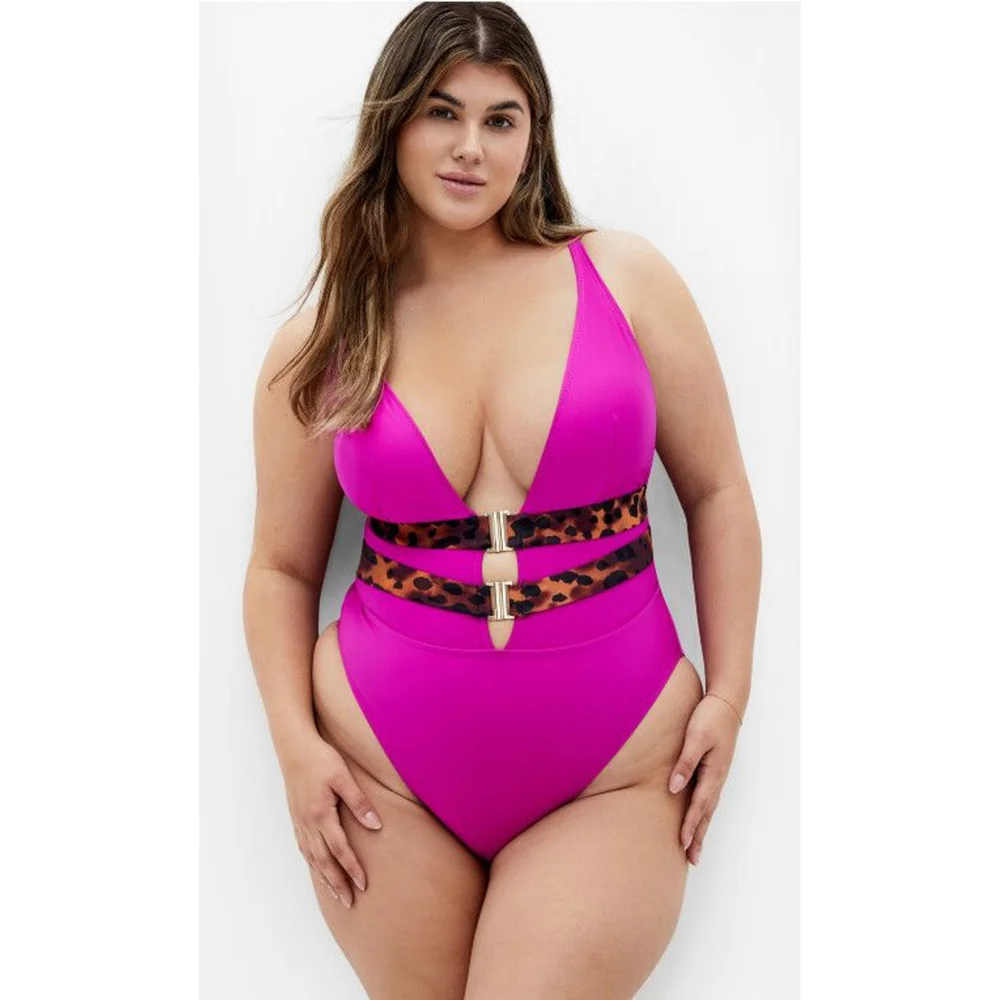 New City chic branded magenta leopard one piece swim suit